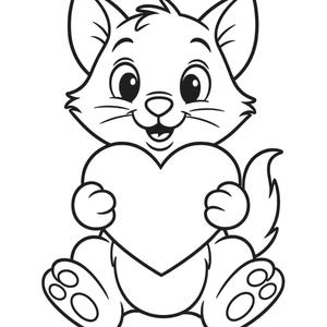 May include: A black and white cartoon illustration of a cute cat holding a heart. The cat is sitting with its paws and tail visible. The cat has large eyes and a smiling expression.