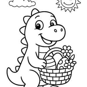 May include: A black and white cartoon illustration of a smiling dinosaur holding a basket filled with decorated Easter eggs and flowers. The sun and clouds are in the background. A cheerful, spring-themed image.