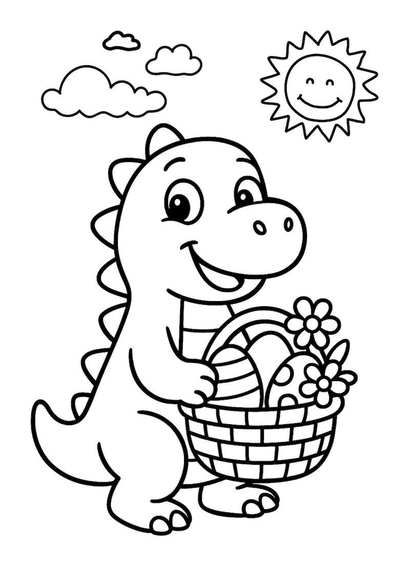 May include: A black and white cartoon illustration of a smiling dinosaur holding a basket filled with decorated Easter eggs and flowers. The sun and clouds are in the background. A cheerful, spring-themed image.