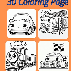 30 枚のかわいい乗り物の塗り絵。車、トラック、電車、飛行機。かわいい乗り物の塗り絵