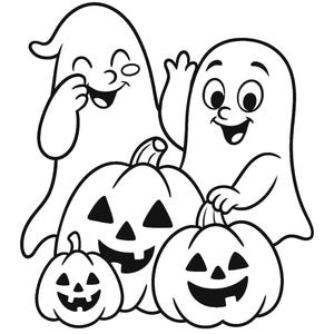 Pu&ograve; includere: Illustrazione in bianco e nero di due fantasmi sorridenti e tre zucche intagliate. Le zucche hanno occhi triangolari e sorrisi sdentati. I fantasmi salutano e ridono, creando un tema festoso di Halloween.