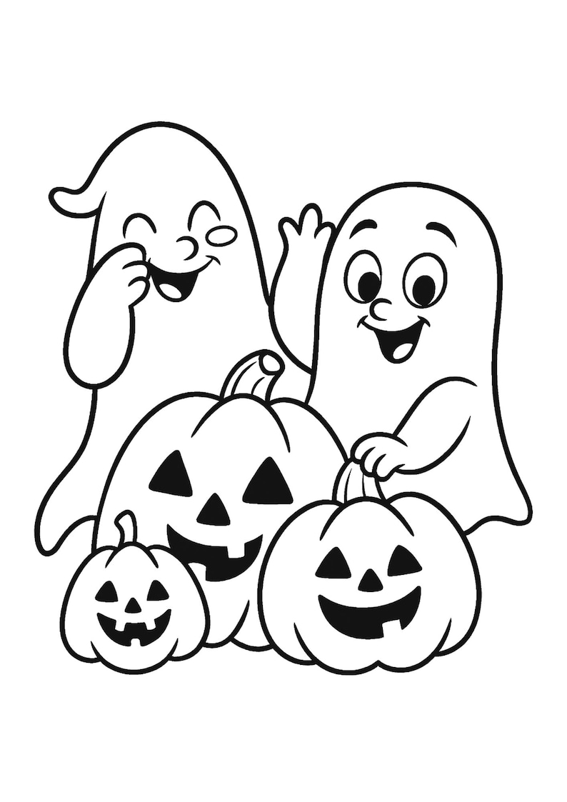 Pu&ograve; includere: Illustrazione in bianco e nero di due fantasmi sorridenti e tre zucche intagliate. Le zucche hanno occhi triangolari e sorrisi sdentati. I fantasmi salutano e ridono, creando un tema festoso di Halloween.