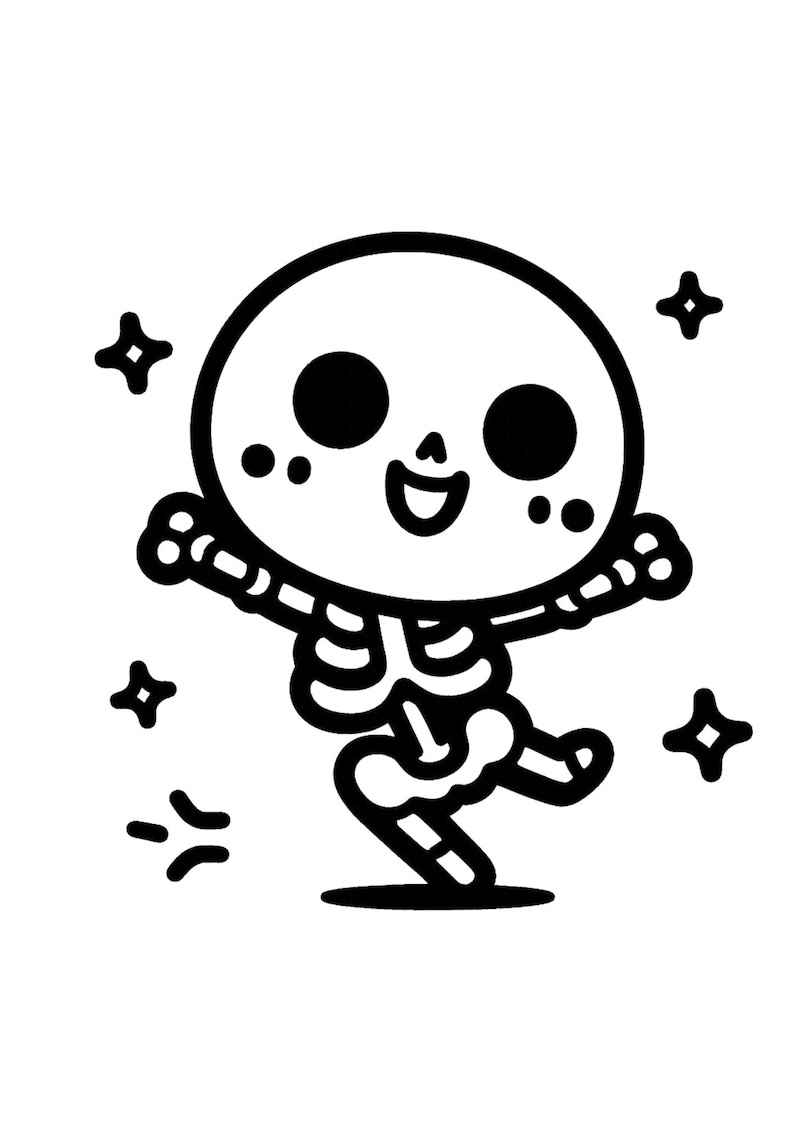 May include: A black and white cartoon illustration of a happy skeleton with a big smile, dancing with its arms raised and legs crossed. The skeleton is surrounded by small stars.