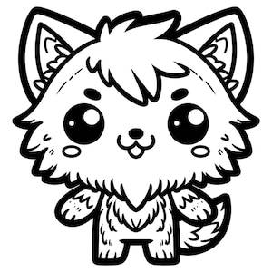 May include: A black and white line drawing of a cute cartoon wolf with big eyes and a happy expression. The wolf is standing on all fours and has a fluffy tail.