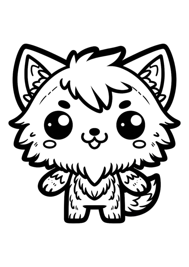 May include: A black and white line drawing of a cute cartoon wolf with big eyes and a happy expression. The wolf is standing on all fours and has a fluffy tail.