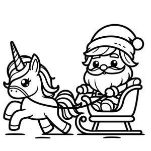 May include: A black and white line drawing of Santa Claus riding in a sleigh pulled by a unicorn.