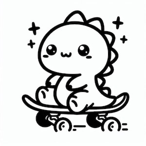 May include: A black and white line drawing of a cute cartoon dinosaur riding a skateboard. The dinosaur has big eyes and a small mouth. The skateboard has wheels and is moving.