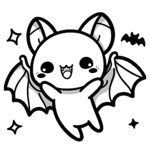 May include: A black and white line drawing of a cute cartoon bat with big eyes and a wide smile. The bat has wings and is flying. There are small stars around the bat.