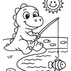 May include: Black and white cartoon illustration of a friendly dinosaur fishing. The dinosaur sits on the edge of a pond, holding a fishing rod with a hook and a fish. A smiling sun shines above. The image is suitable for coloring pages.