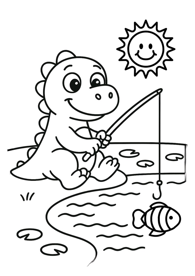 May include: Black and white cartoon illustration of a friendly dinosaur fishing. The dinosaur sits on the edge of a pond, holding a fishing rod with a hook and a fish. A smiling sun shines above. The image is suitable for coloring pages.
