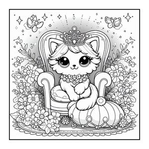 May include: Black and white illustration of a cartoon cat wearing a crown and pearl necklace, seated on a decorative chair. The cat is surrounded by flowers, butterflies, and stars, creating a whimsical scene.