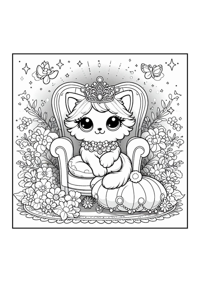 May include: Black and white illustration of a cartoon cat wearing a crown and pearl necklace, seated on a decorative chair. The cat is surrounded by flowers, butterflies, and stars, creating a whimsical scene.