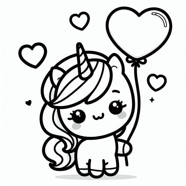 May include: A black and white line drawing of a cute unicorn holding a heart-shaped balloon. The unicorn has a big smile and large eyes. There are small hearts scattered around the unicorn.