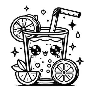 May include: Black and white illustration of a cute cartoon drink with a smiling face, a straw, and lemon slices. The drink has a bubbly appearance and is surrounded by stars and hearts.