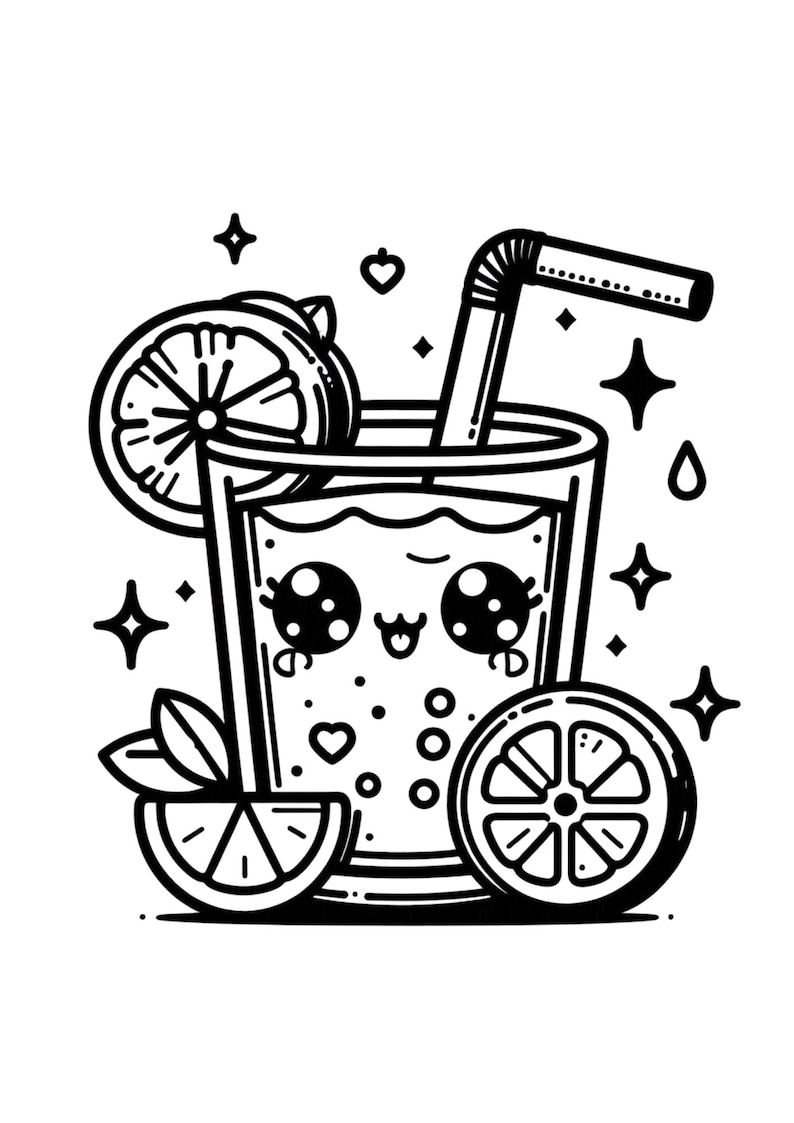 May include: Black and white illustration of a cute cartoon drink with a smiling face, a straw, and lemon slices. The drink has a bubbly appearance and is surrounded by stars and hearts.