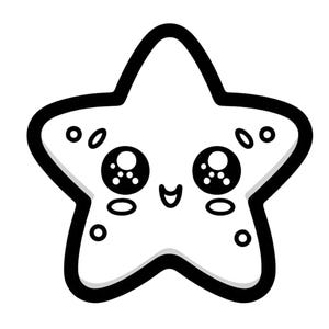 May include: A white cartoon starfish with a black outline. The starfish has large, expressive eyes, a small smile, and several small circles. The design is simple and cute, suitable for children's products or playful designs.