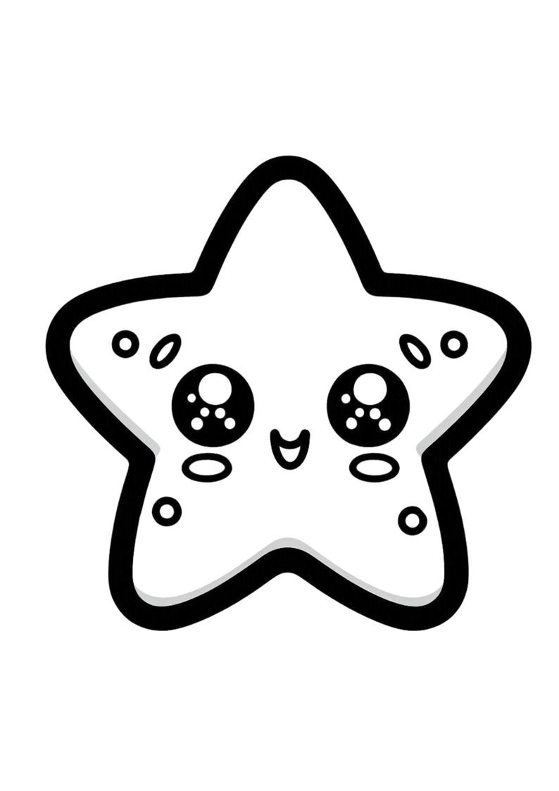 May include: A white cartoon starfish with a black outline. The starfish has large, expressive eyes, a small smile, and several small circles. The design is simple and cute, suitable for children's products or playful designs.