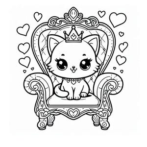 May include: Black and white illustration of a cute cartoon cat wearing a crown and a necklace, sitting on a decorative throne. The throne is adorned with hearts and ornate details, with hearts floating around the throne.