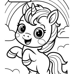 May include: A black and white line drawing of a cute cartoon unicorn with a rainbow behind it. The unicorn has a big smile and large eyes. The unicorn is standing on a cloud.