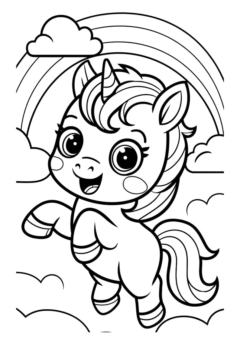 May include: A black and white line drawing of a cute cartoon unicorn with a rainbow behind it. The unicorn has a big smile and large eyes. The unicorn is standing on a cloud.