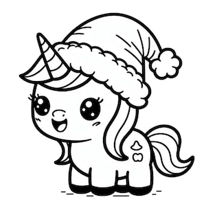 May include: A black and white line drawing of a cute cartoon unicorn wearing a Santa hat. The unicorn has large eyes, a small mouth, and a horn on its head. The unicorn is standing on all fours.