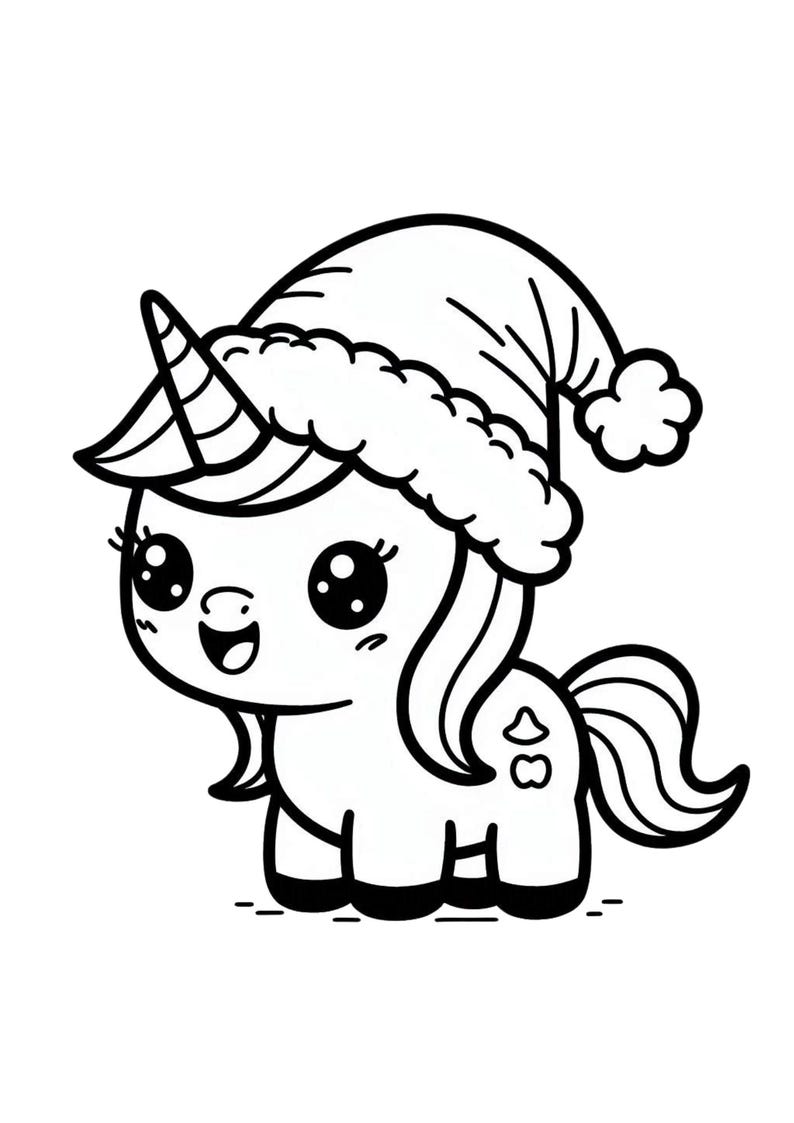 May include: A black and white line drawing of a cute cartoon unicorn wearing a Santa hat. The unicorn has large eyes, a small mouth, and a horn on its head. The unicorn is standing on all fours.