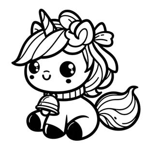 May include: A black and white line drawing of a cute cartoon unicorn with a bow on its head and a bell around its neck.