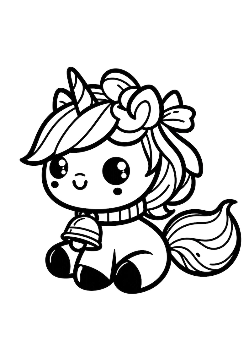 May include: A black and white line drawing of a cute cartoon unicorn with a bow on its head and a bell around its neck.