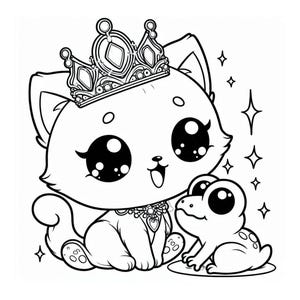 May include: Black and white illustration of a cartoon cat wearing a crown and a necklace, with a frog. The cat has large eyes and is smiling. The frog is sitting next to the cat.