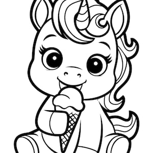 May include: A black and white line drawing of a unicorn with a horn and a mane, sitting and eating an ice cream cone.