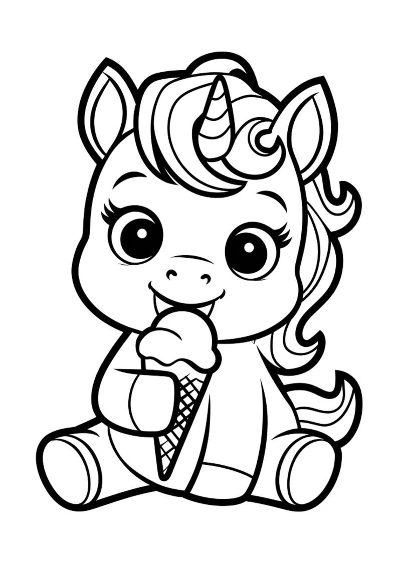 May include: A black and white line drawing of a unicorn with a horn and a mane, sitting and eating an ice cream cone.
