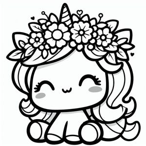 May include: A black and white line drawing of a cute cartoon unicorn with a flower crown. The unicorn has a big smile and is sitting down with its legs crossed.