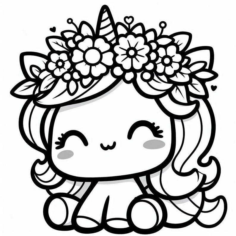 May include: A black and white line drawing of a cute cartoon unicorn with a flower crown. The unicorn has a big smile and is sitting down with its legs crossed.