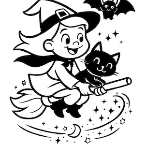 Pu&ograve; includere: Illustrazione in bianco e nero di una strega su una scopa con un gatto nero e un pipistrello. La strega indossa un cappello a punta e un mantello. Stelle e una luna crescente creano una scena di Halloween.