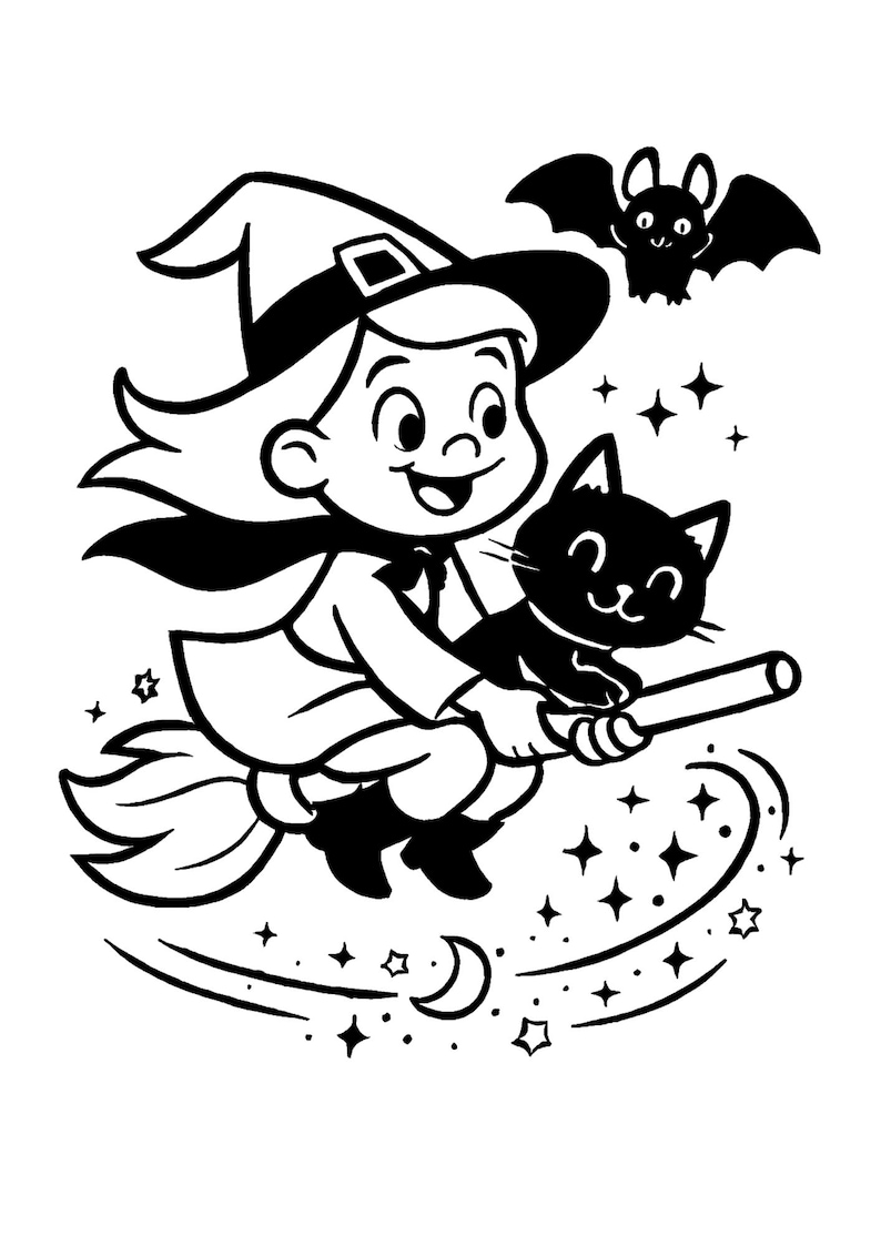 Pu&ograve; includere: Illustrazione in bianco e nero di una strega su una scopa con un gatto nero e un pipistrello. La strega indossa un cappello a punta e un mantello. Stelle e una luna crescente creano una scena di Halloween.