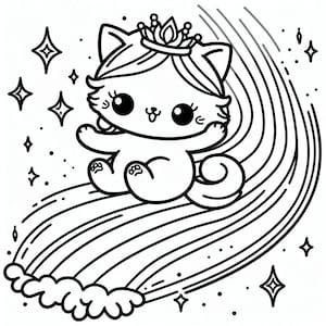 May include: A black and white illustration of a cartoon cat wearing a crown, riding a rainbow. The cat has large eyes and is surrounded by stars. The rainbow has a cloud at the bottom.