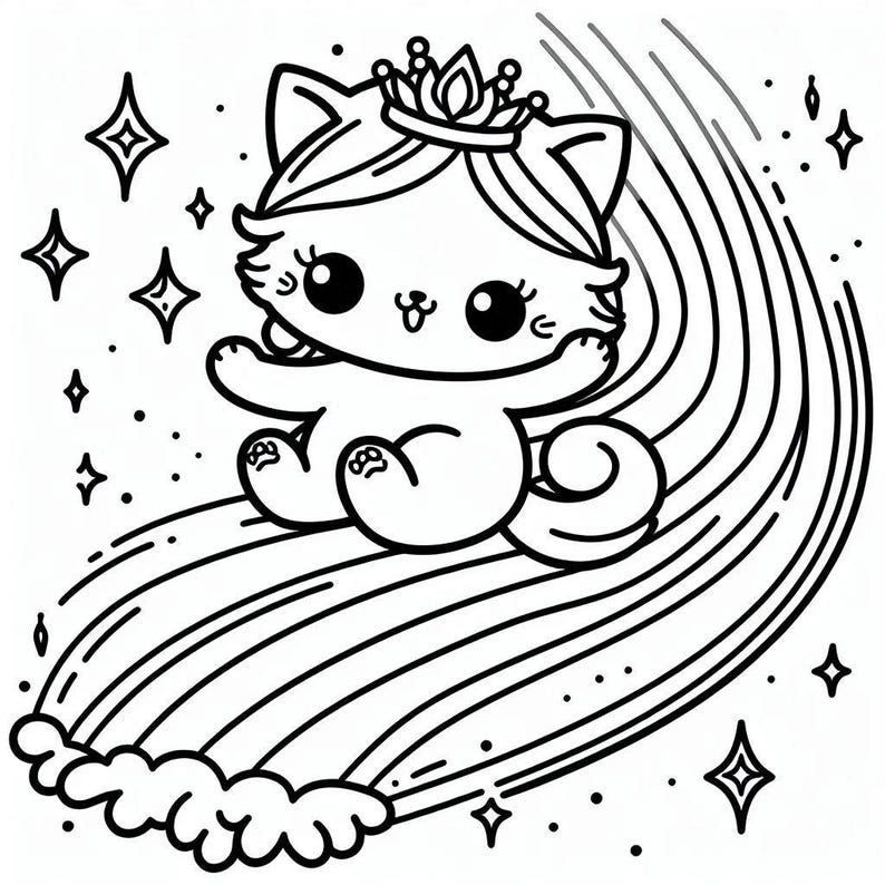 May include: A black and white illustration of a cartoon cat wearing a crown, riding a rainbow. The cat has large eyes and is surrounded by stars. The rainbow has a cloud at the bottom.