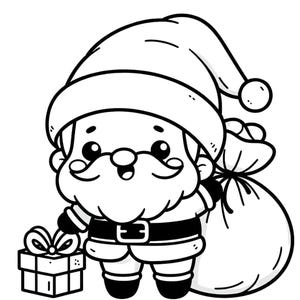 May include: A black and white cartoon illustration of Santa Claus holding a gift box and a sack of presents. He is wearing a hat, a coat, and a belt. He has a beard and a mustache.