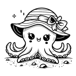 May include: Black and white illustration of a cartoon octopus wearing a sun hat with a bow. The octopus has large eyes and a smiling mouth. The image is set on a sandy surface with small pebbles.