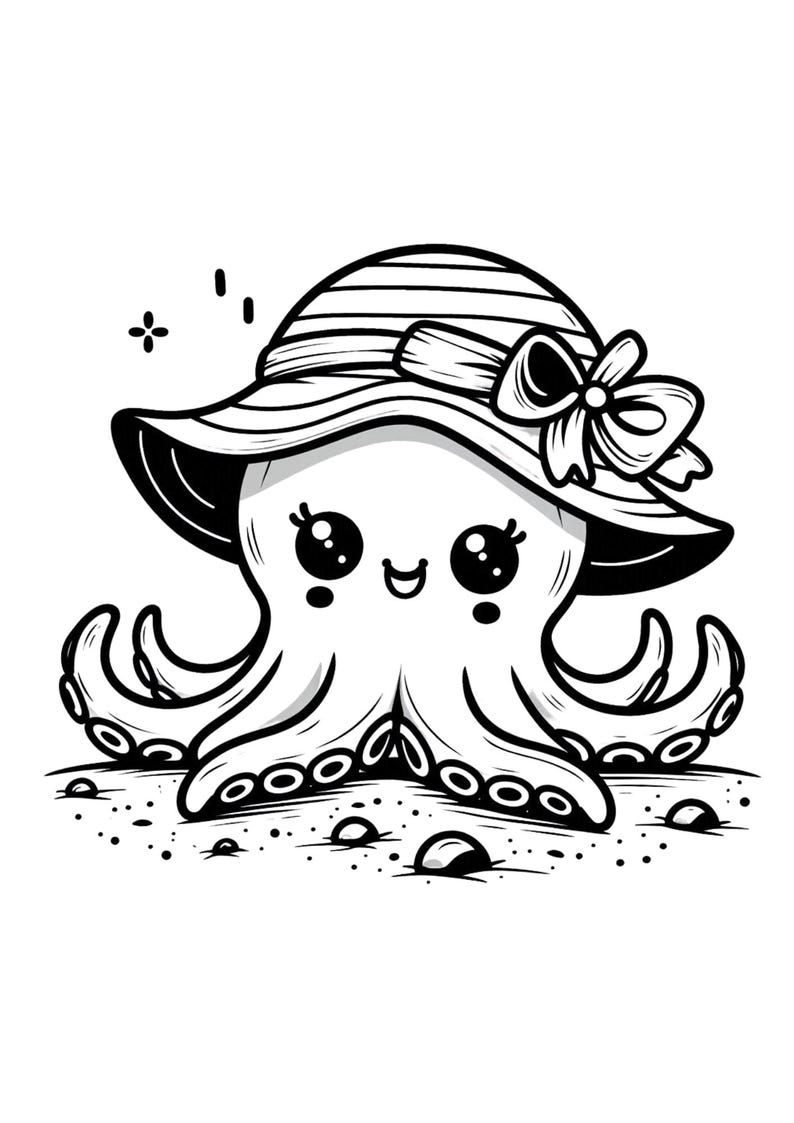 May include: Black and white illustration of a cartoon octopus wearing a sun hat with a bow. The octopus has large eyes and a smiling mouth. The image is set on a sandy surface with small pebbles.