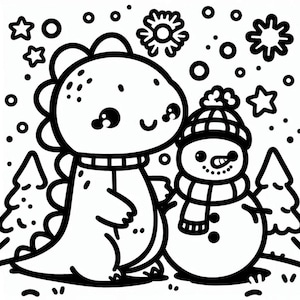 May include: A black and white line drawing of a dinosaur wearing a scarf and a snowman wearing a hat and scarf. The dinosaur and snowman are standing next to each other in a snowy landscape with trees and snowflakes.