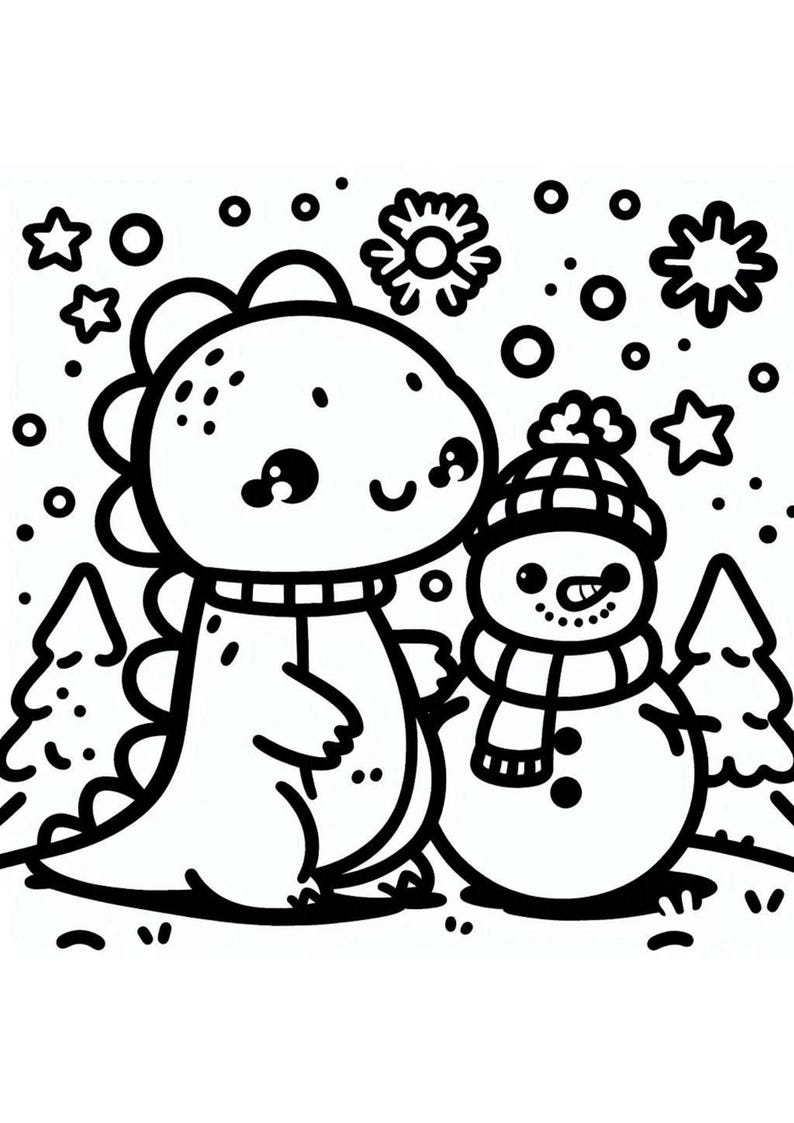 May include: A black and white line drawing of a dinosaur wearing a scarf and a snowman wearing a hat and scarf. The dinosaur and snowman are standing next to each other in a snowy landscape with trees and snowflakes.