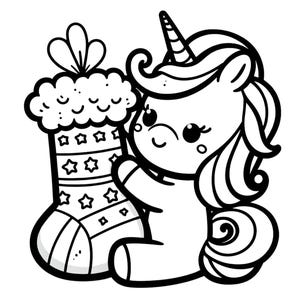 May include: A black and white line drawing of a unicorn with a horn and a long mane, sitting next to a Christmas stocking with stars and stripes.