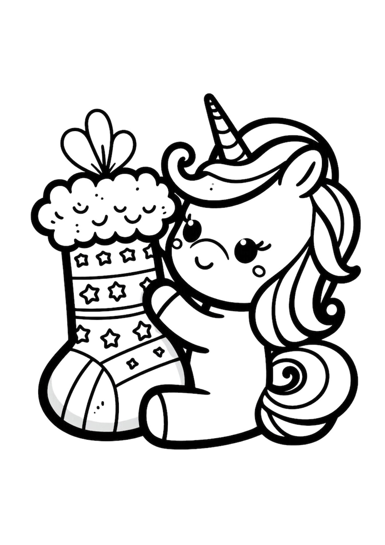 May include: A black and white line drawing of a unicorn with a horn and a long mane, sitting next to a Christmas stocking with stars and stripes.