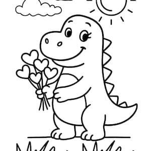 May include: A black and white cartoon illustration of a smiling dinosaur holding a bouquet of heart-shaped flowers. The dinosaur is standing in a grassy area under a sun and clouds.