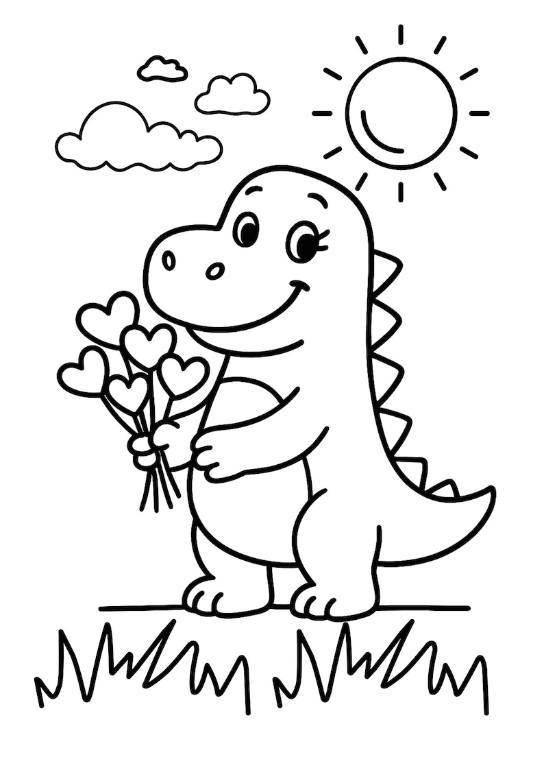 May include: A black and white cartoon illustration of a smiling dinosaur holding a bouquet of heart-shaped flowers. The dinosaur is standing in a grassy area under a sun and clouds.