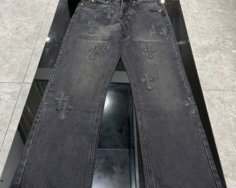 Chrome heart Black jeans with cross summer 2024, gift for him