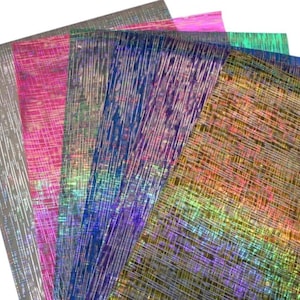 May include: Four sheets of iridescent holographic paper with a woven pattern. The sheets are in shades of silver, pink, blue, and green.
