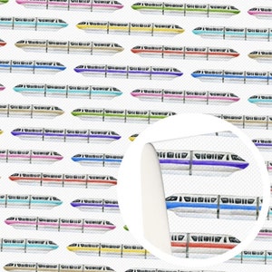 May include: A white background with a repeating pattern of colorful monorail trains. The trains are all the same design, but each one has a different colored stripe.