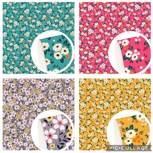 May include: Four different floral patterned fabric swatches. Each swatch features a different colour background and floral pattern. The swatches are arranged in a grid pattern. The top left swatch is teal with white flowers, the top right swatch is pink with white flowers, the bottom left swatch is grey with white flowers, and the bottom right swatch is yellow with white flowers.